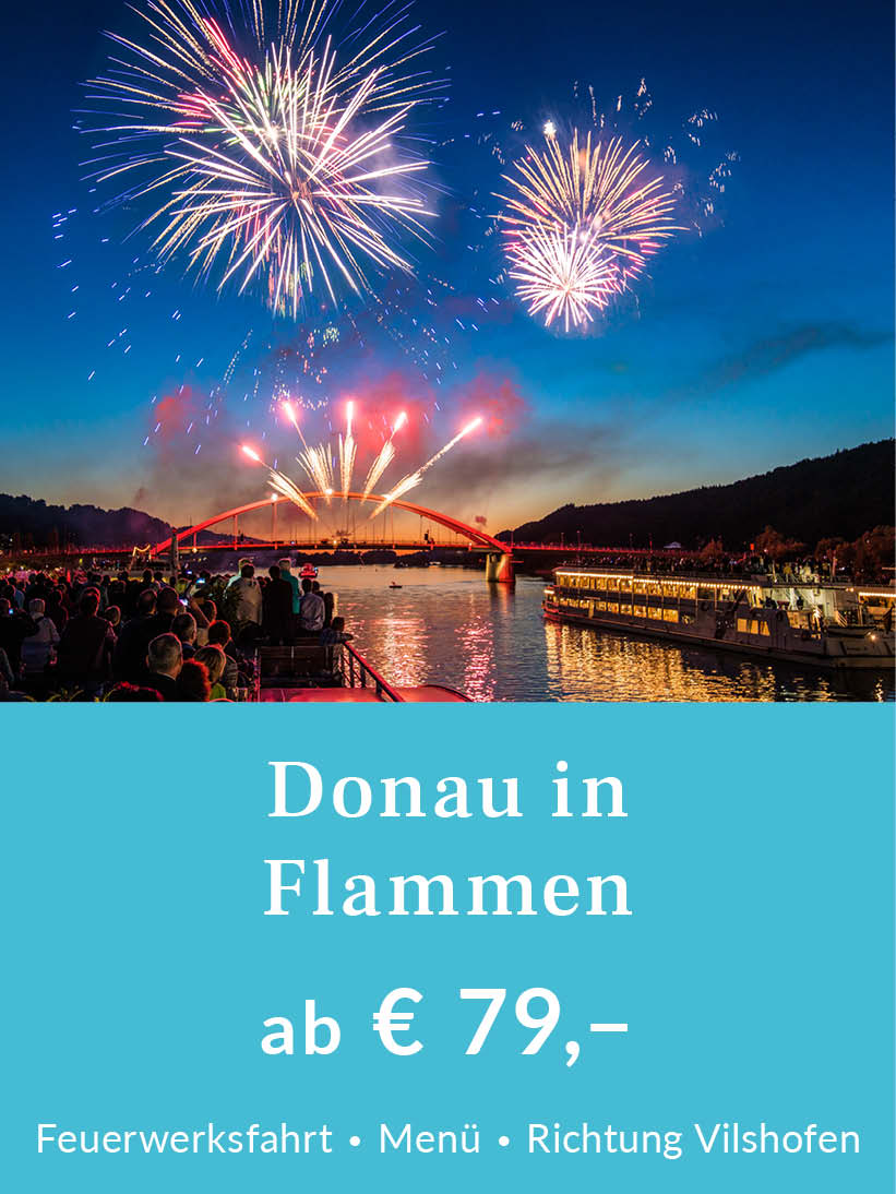 Feuerwerksfahrt Donau in Flammen Richtung Vilshofen. Tickets ab 79 Euro pro Person inklusive Menü. Für mehr Infos oder eine Buchung bitte hier klicken.